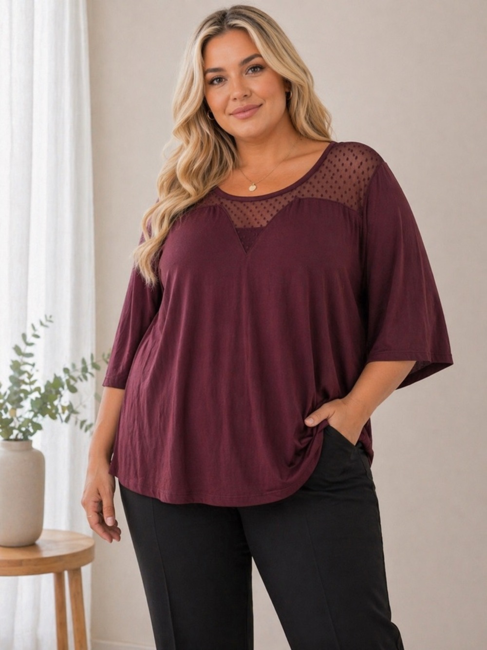 Lane Bryant Maroon Sheer Mesh Blouse Romantic Chic Flowy‎ Top Size 26/28